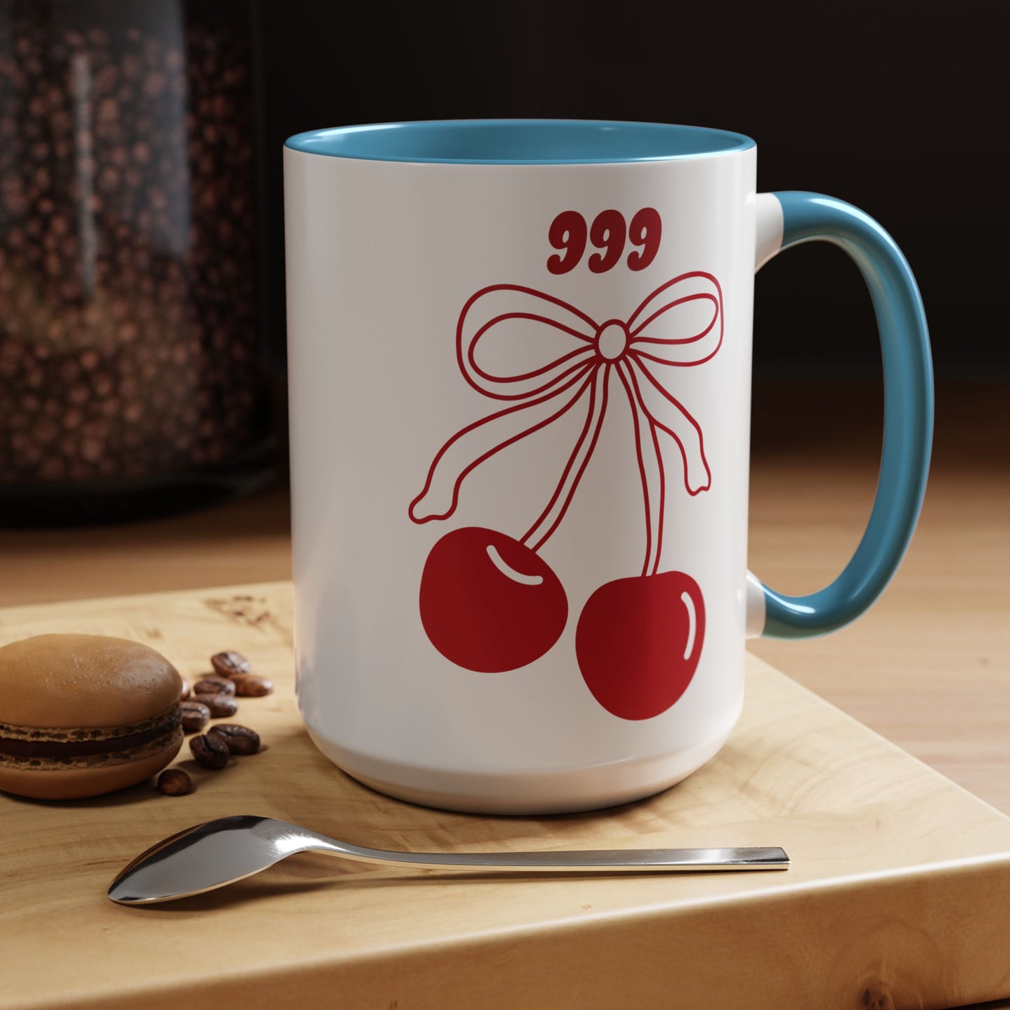 999 Angel Number Cherries Accent Mug – Coquette Bow Kawaii | 11oz 15oz — Black, Navy, Pink, Red, Light Blue, Orange