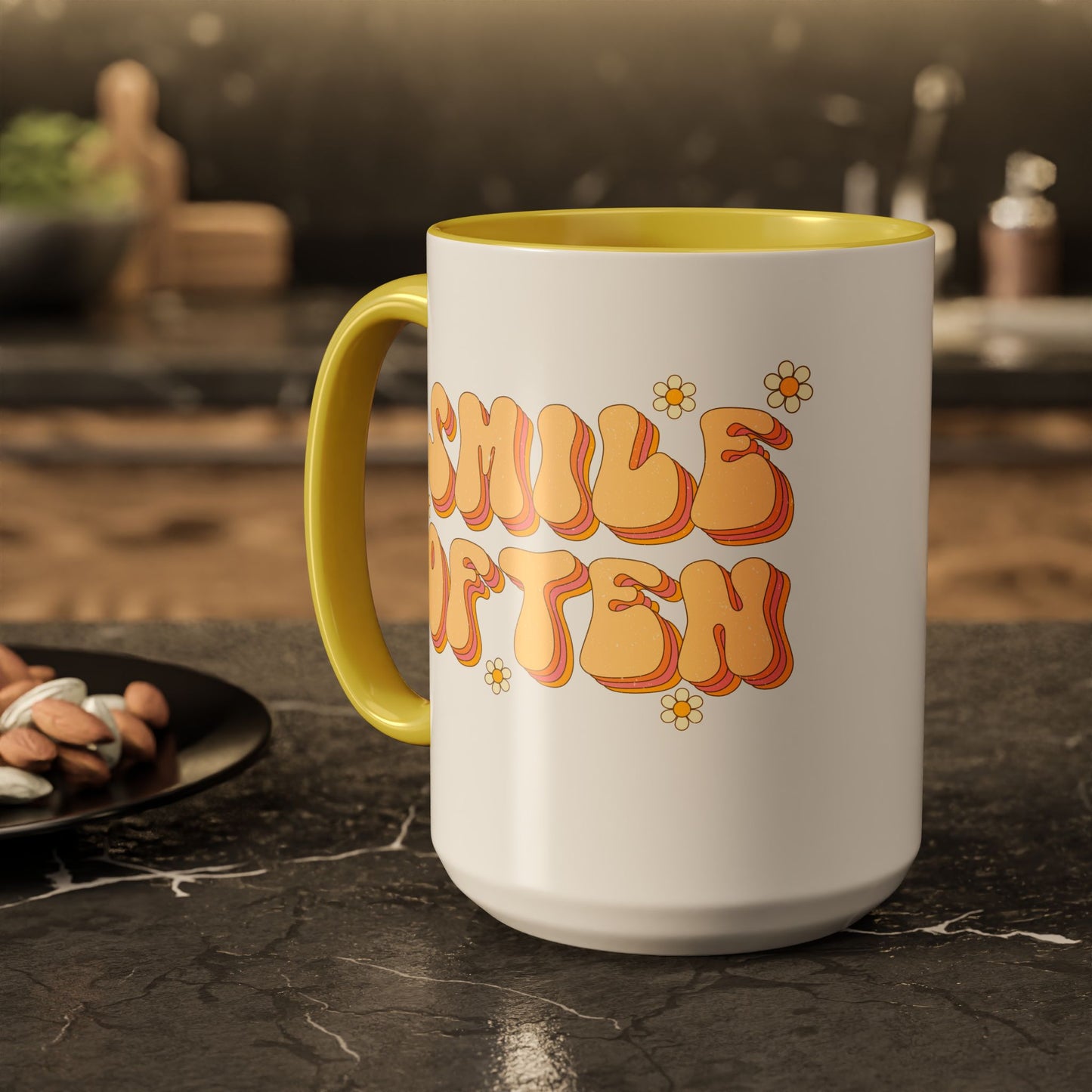 Smile Often Accent Mug – Retro Daisy Letters | 11oz 15oz colored Handle
