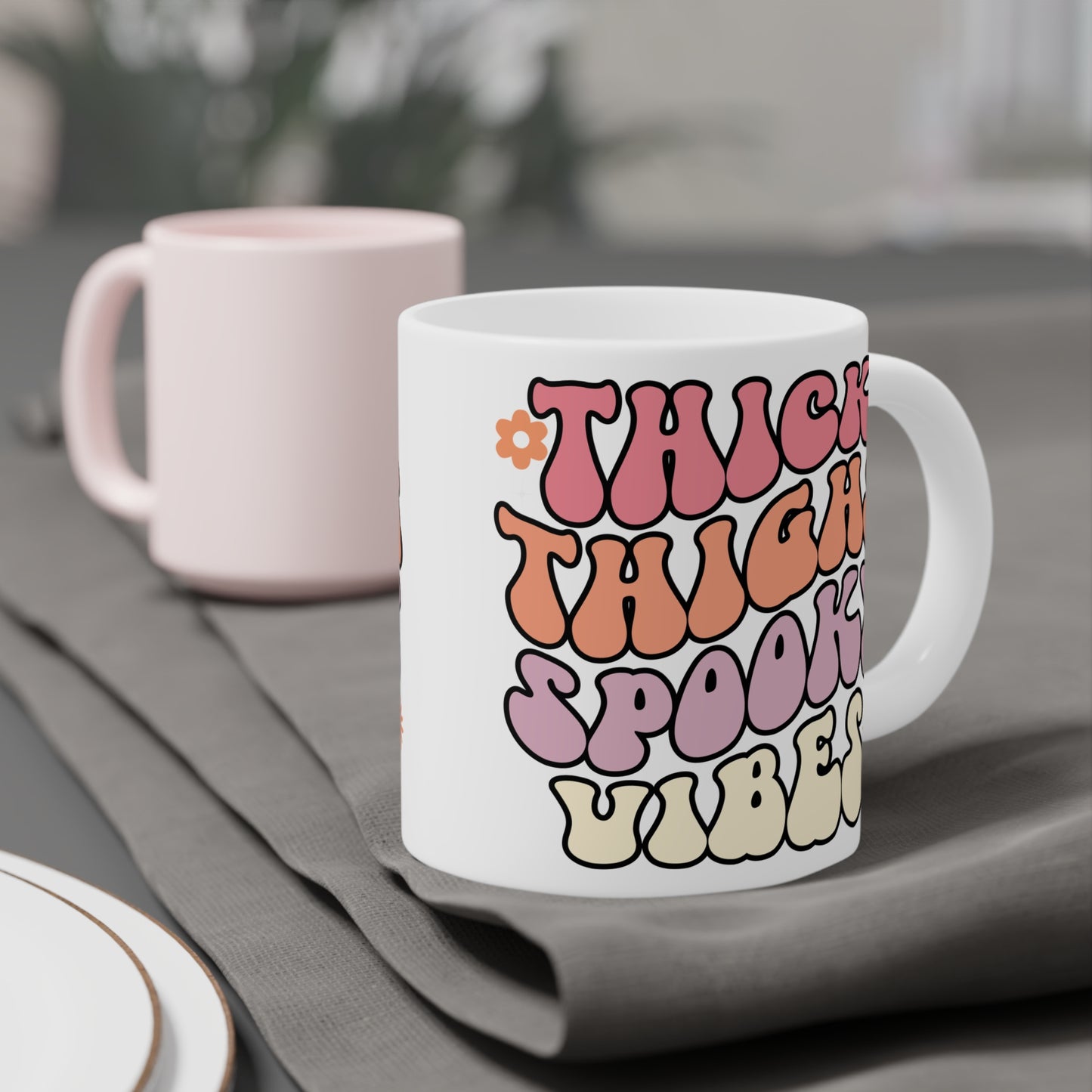 Thick Thighs Spooky Vibes Coffee Mug – White Ceramic | Halloween Groovy Vibes