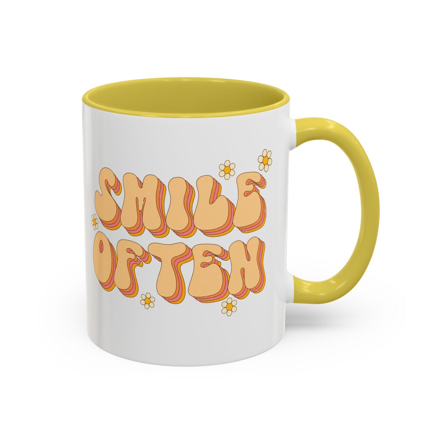 Smile Often Accent Mug – Retro Daisy Letters | 11oz 15oz colored Handle