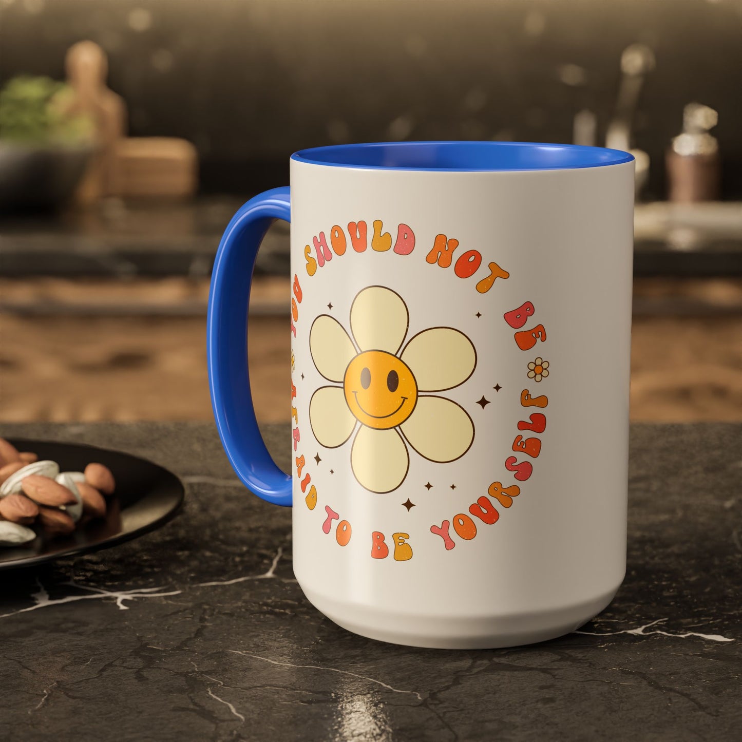 Don’t Be Afraid To Be Yourself Accent Mug – Smiley Flower | 11oz 15oz Colored Handle