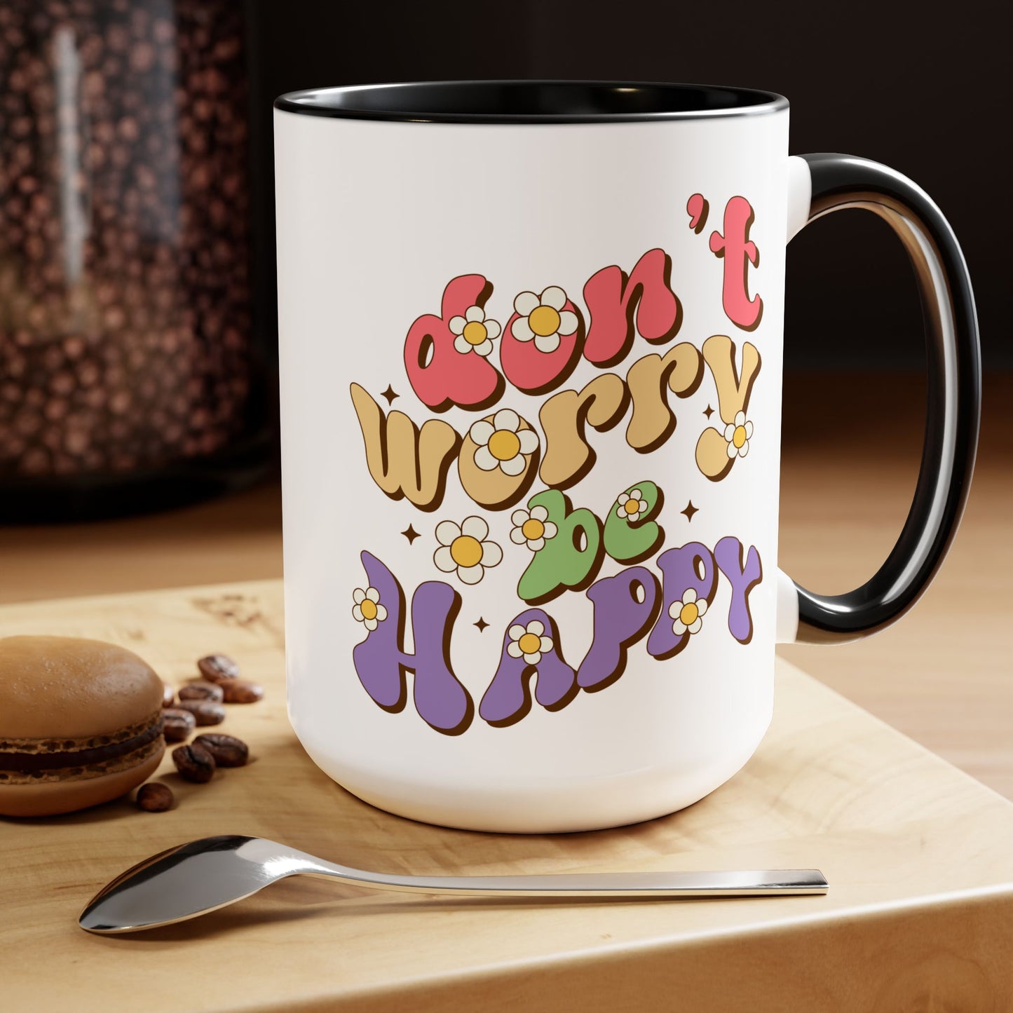 Groovy 70s Don't Worry Be Happy Coffee Mug 15oz - Retro Multicolor Wavy Font - Optimistic Message Cup - Joyful Gift, High Vibe Kitchenware