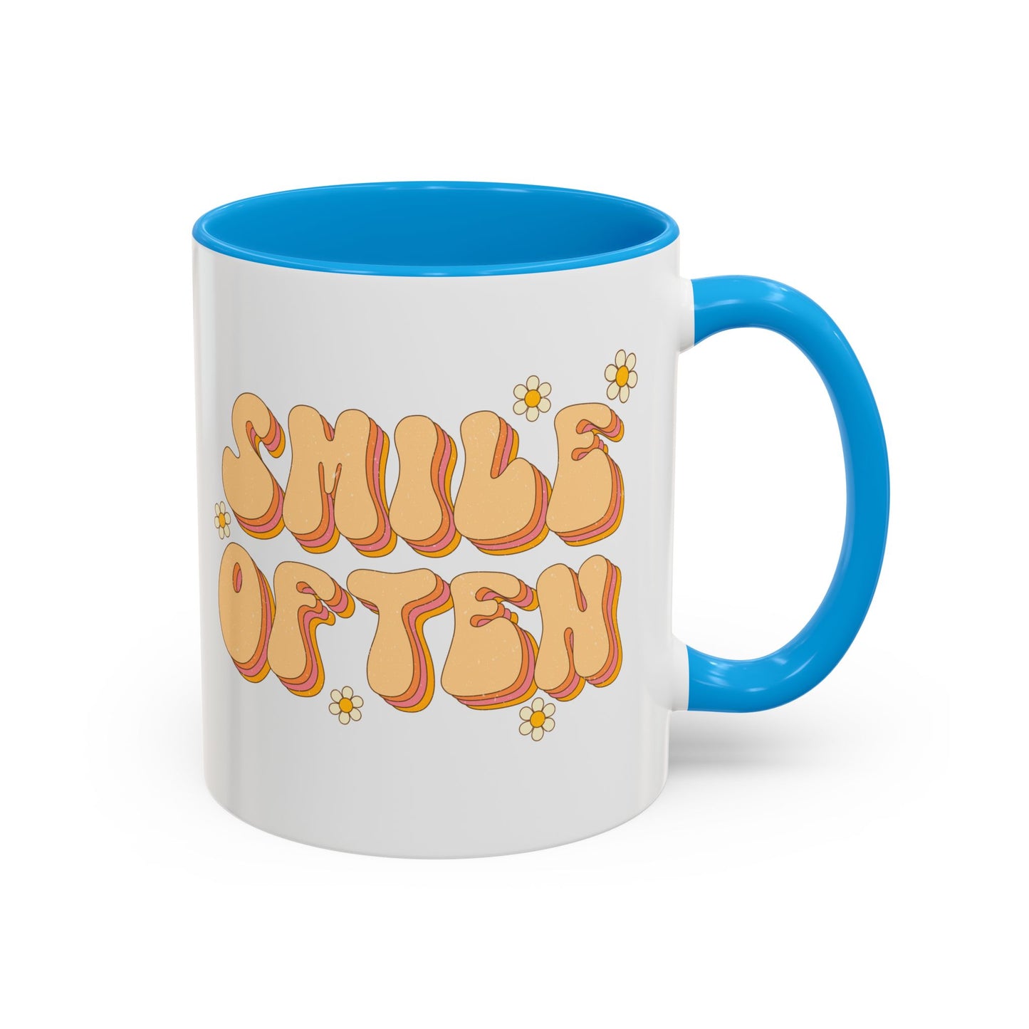 Smile Often Accent Mug – Retro Daisy Letters | 11oz 15oz colored Handle