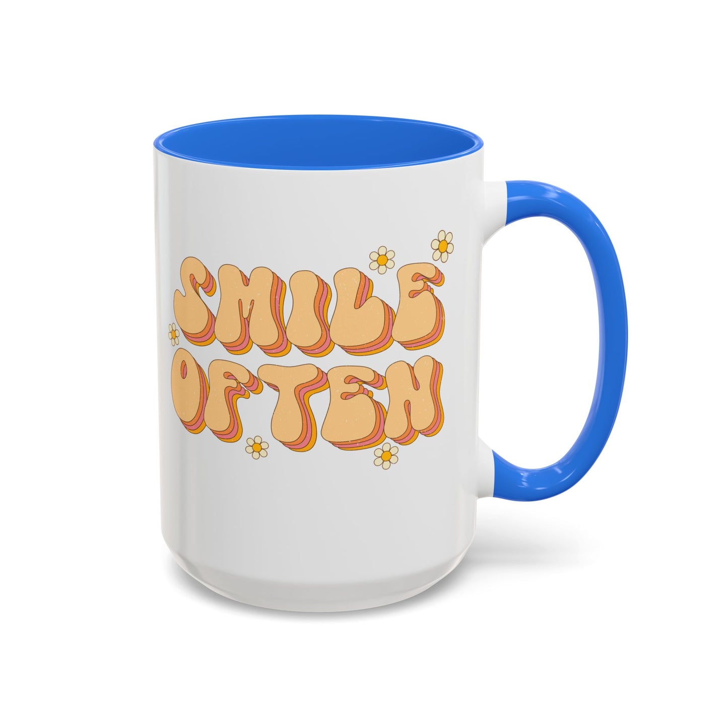 Smile Often Accent Mug – Retro Daisy Letters | 11oz 15oz colored Handle