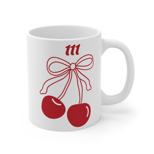 111 Angel Number Cherries Coffee Mug – Coquette Bow Kawaii Coffee Mug | 11oz 15oz 20oz White Ceramic