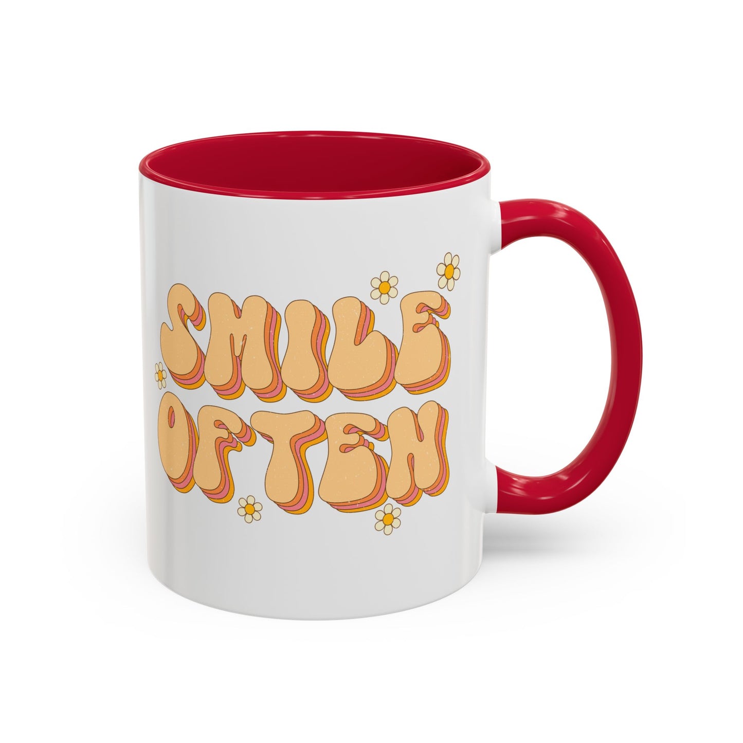 Smile Often Accent Mug – Retro Daisy Letters | 11oz 15oz colored Handle