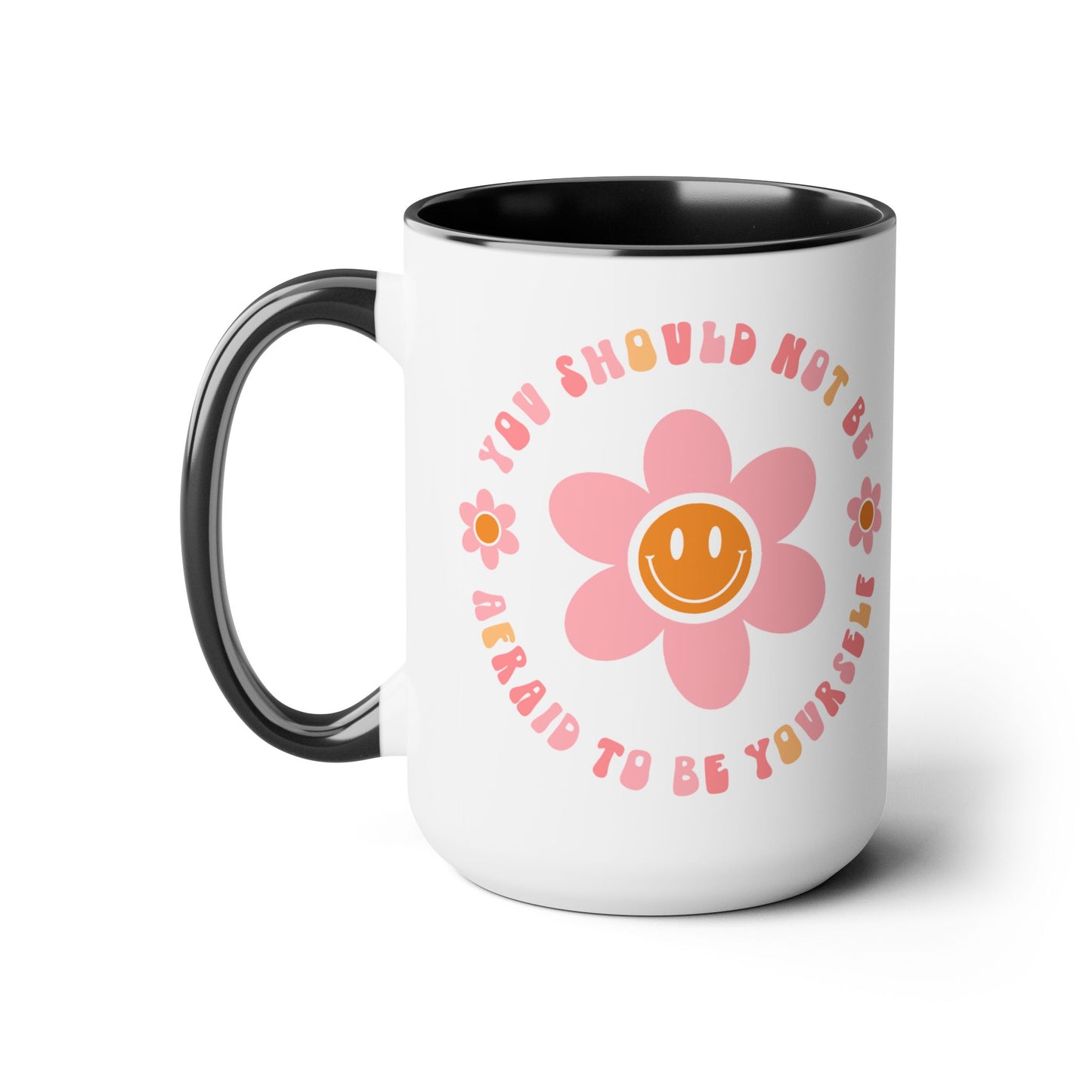 Don’t Be Afraid To Be Yourself Mug – 70s Flower-Power Smiley | 15oz Accent
