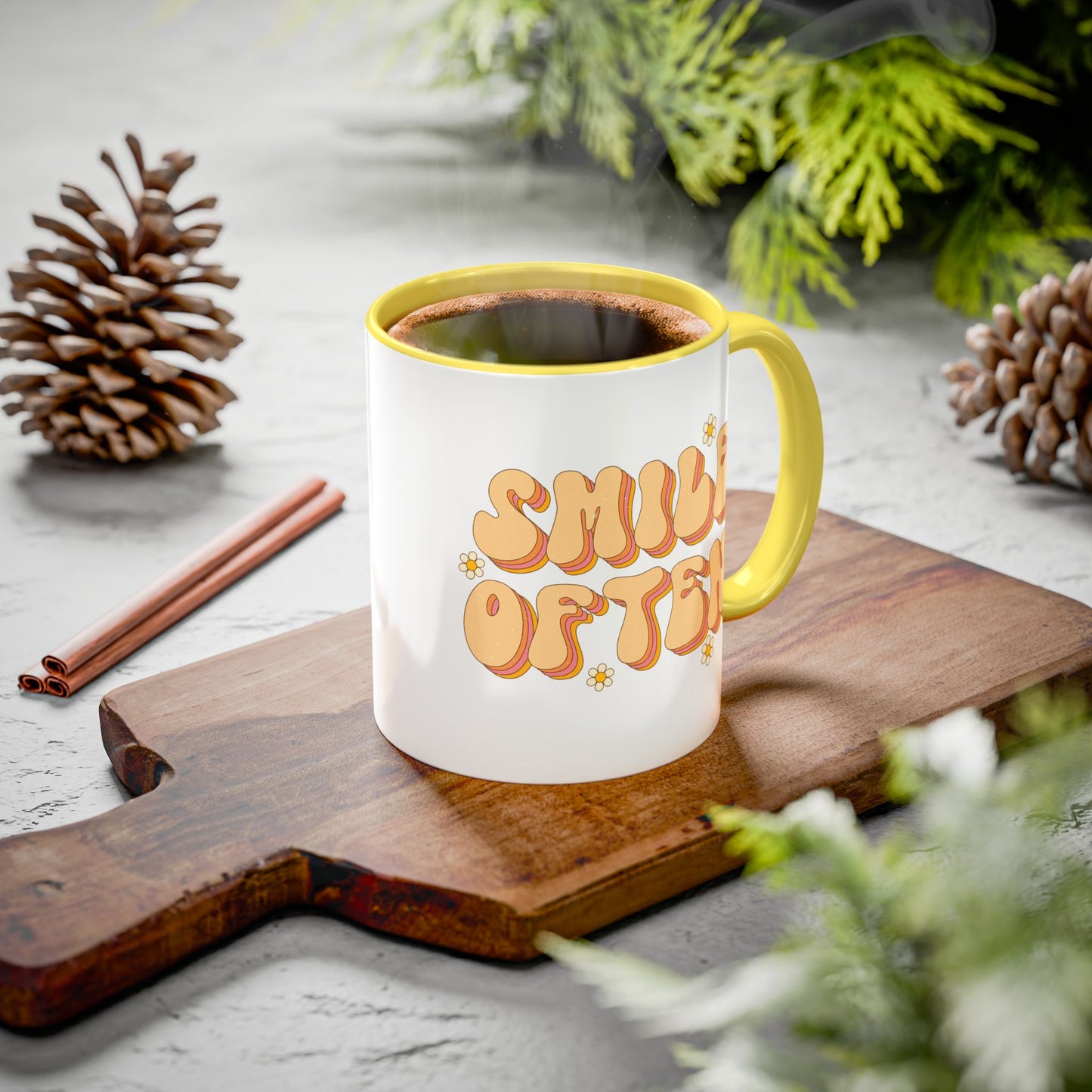 Smile Often Accent Mug – Retro Daisy Letters | 11oz 15oz colored Handle