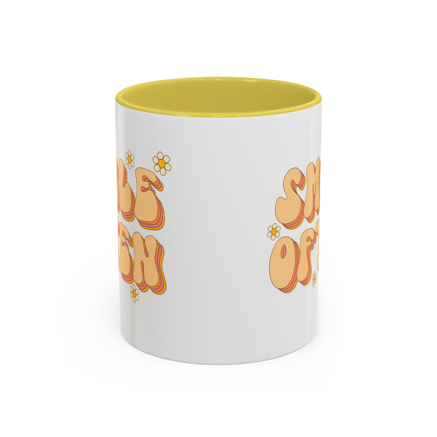 Smile Often Accent Mug – Retro Daisy Letters | 11oz 15oz colored Handle