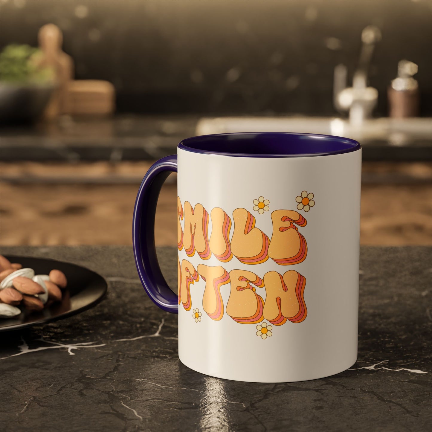 Smile Often Accent Mug – Retro Daisy Letters | 11oz 15oz colored Handle
