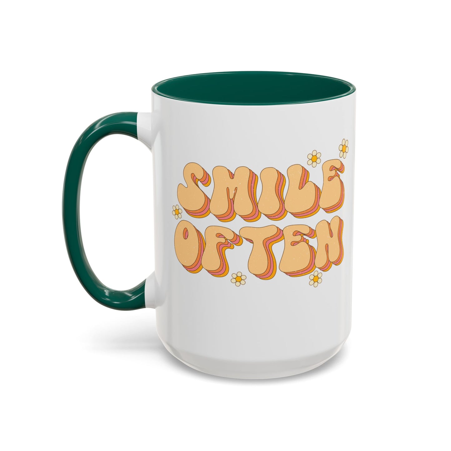 Smile Often Accent Mug – Retro Daisy Letters | 11oz 15oz colored Handle