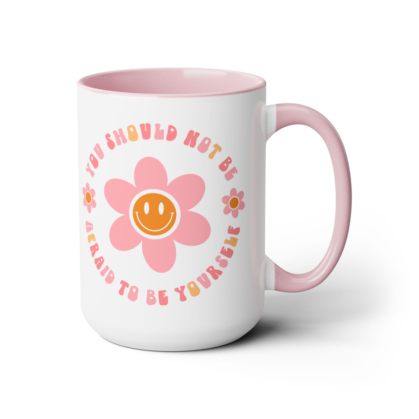 Don’t Be Afraid To Be Yourself Mug – 70s Flower-Power Smiley | 15oz Accent