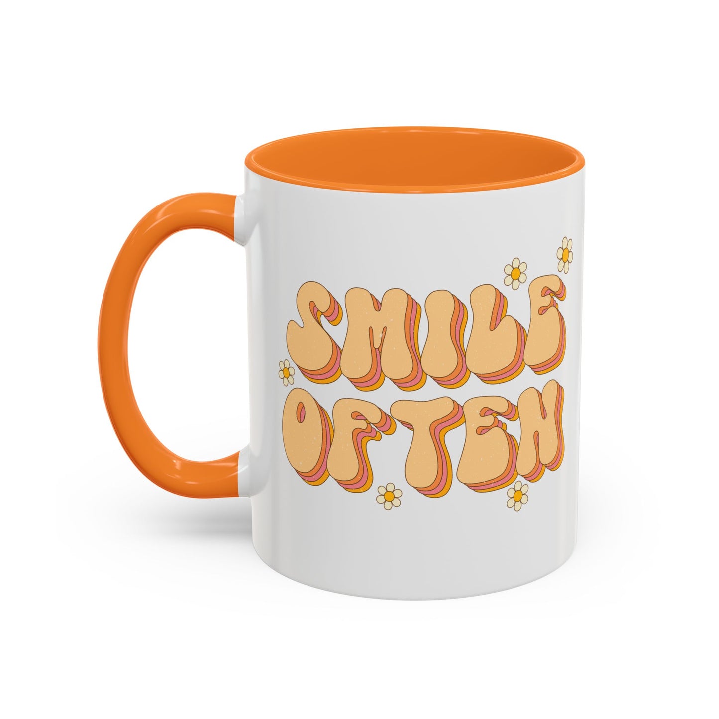 Smile Often Accent Mug – Retro Daisy Letters | 11oz 15oz colored Handle