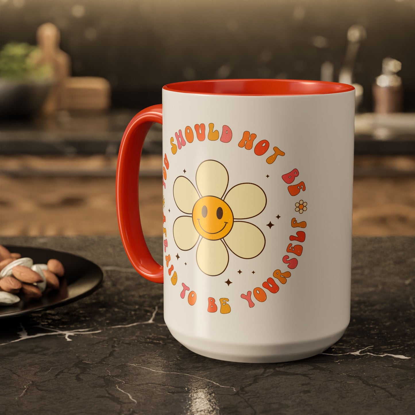Don’t Be Afraid To Be Yourself Accent Mug – Smiley Flower | 11oz 15oz Colored Handle