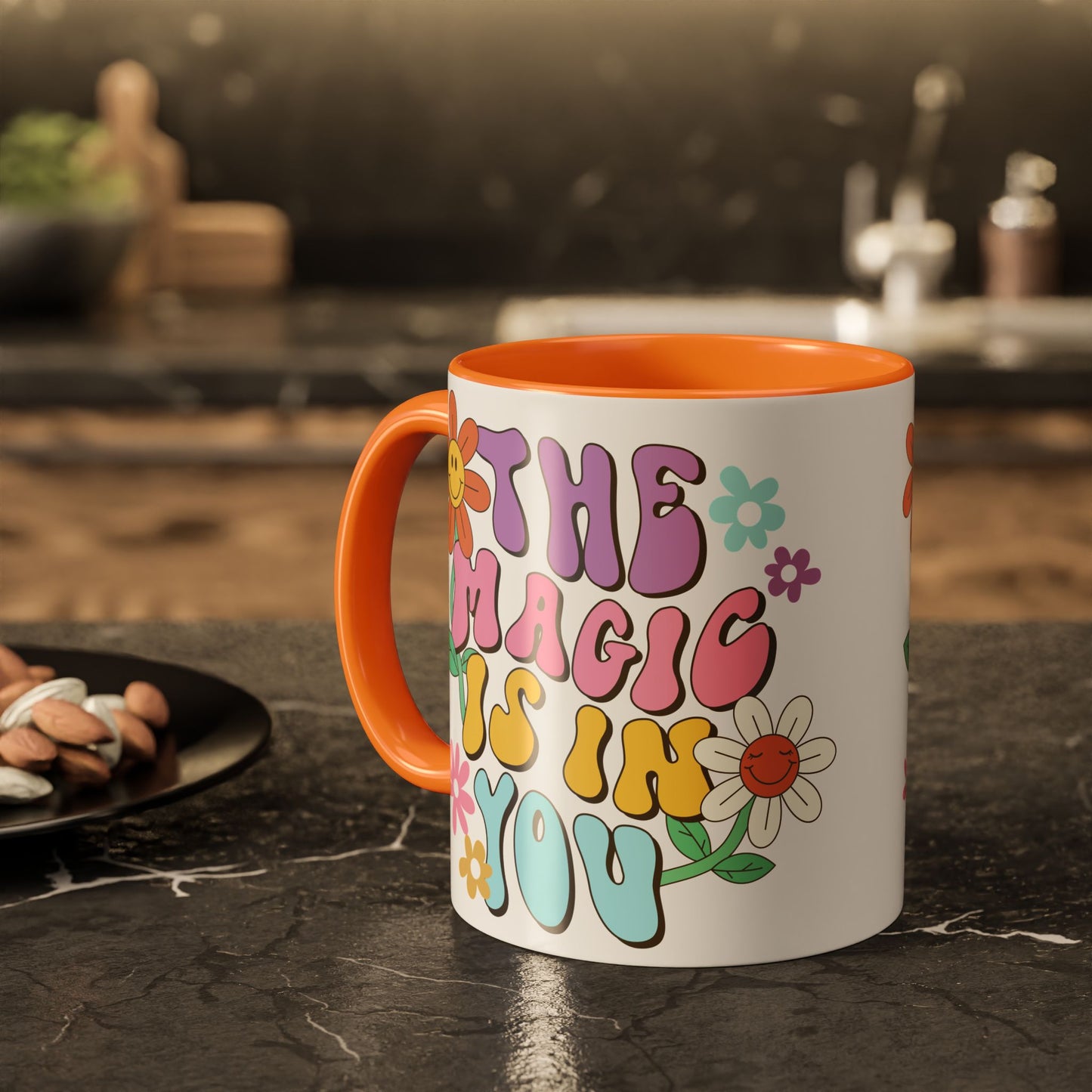 The Magic Is In You Accent Mug – Retro Flower Lettering | 11oz 15oz Colored Handle