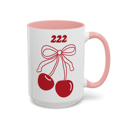 222 Angel Number Cherries Accent Mug – Coquette Bow Kawaii Coffee Mug | 11oz 15oz — Black, Navy, Pink, Red, Light Blue
