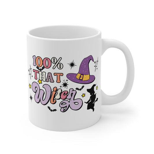 100% That Witch Coffee Mug – White Ceramic | Halloween Groovy Vibes
