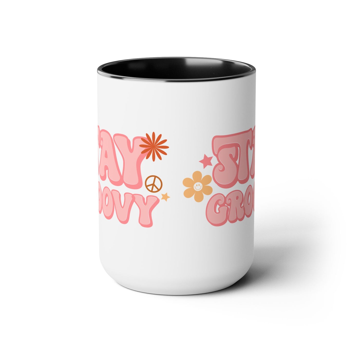 Stay Groovy Coffee Mug 15oz - 70s Inspired, Pastel Pink, Swirly Font - Boost Your Mood with this Free-Spirit, Funkadelic Beverage