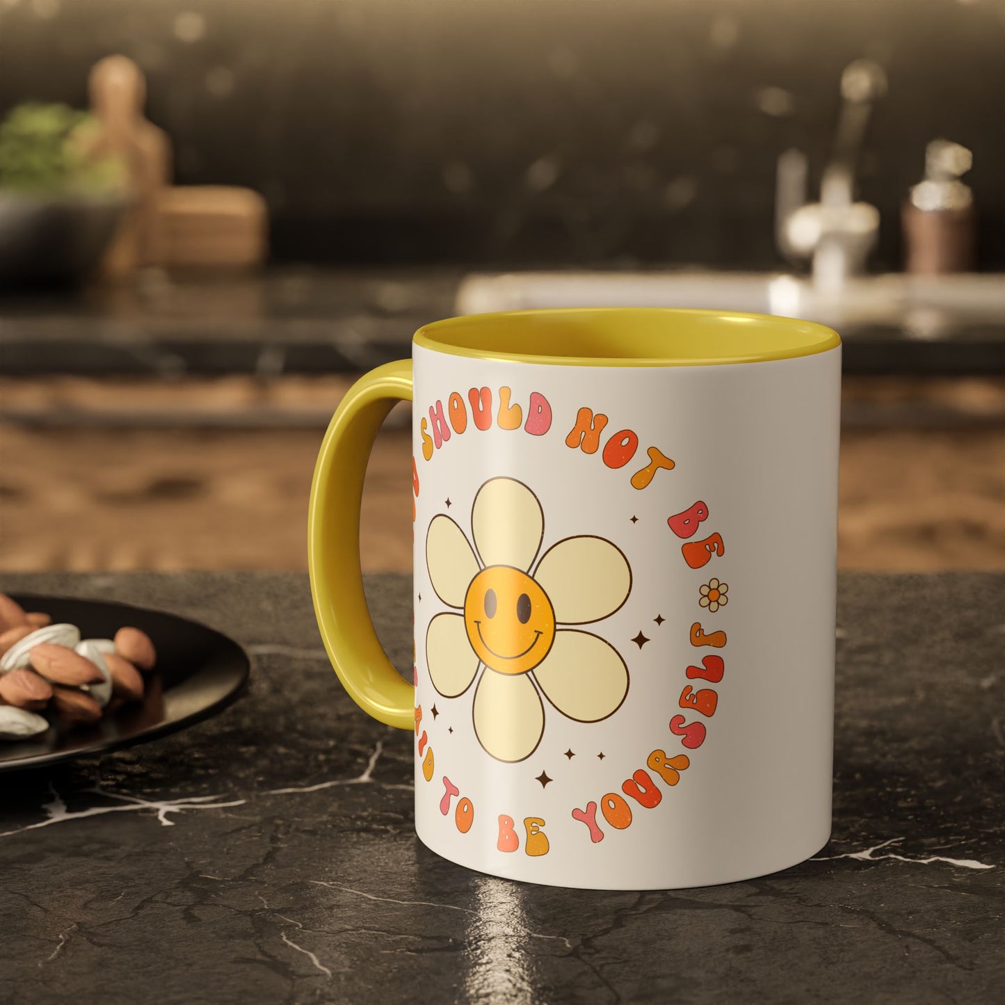 Don’t Be Afraid To Be Yourself Accent Mug – Smiley Flower | 11oz 15oz Colored Handle