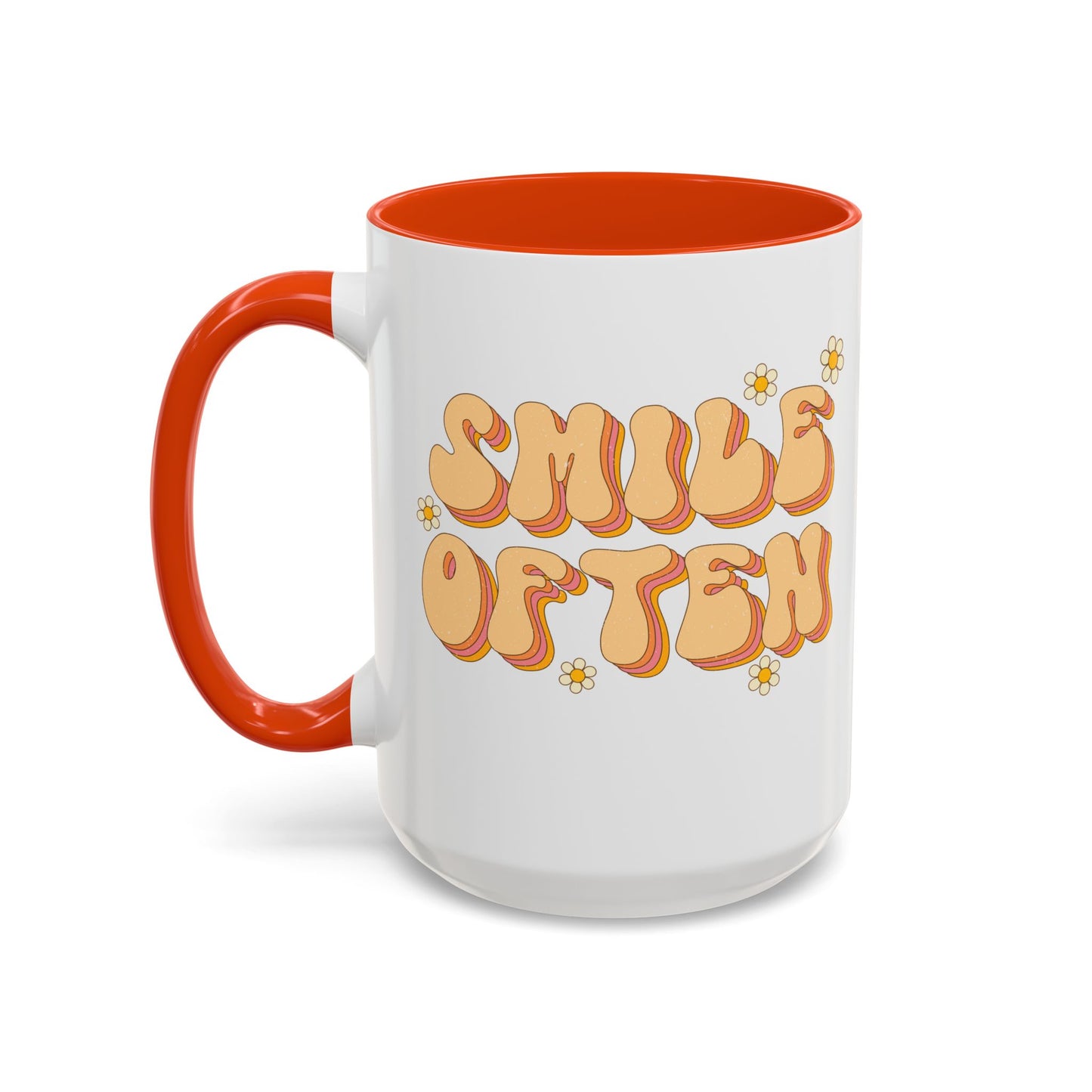 Smile Often Accent Mug – Retro Daisy Letters | 11oz 15oz colored Handle