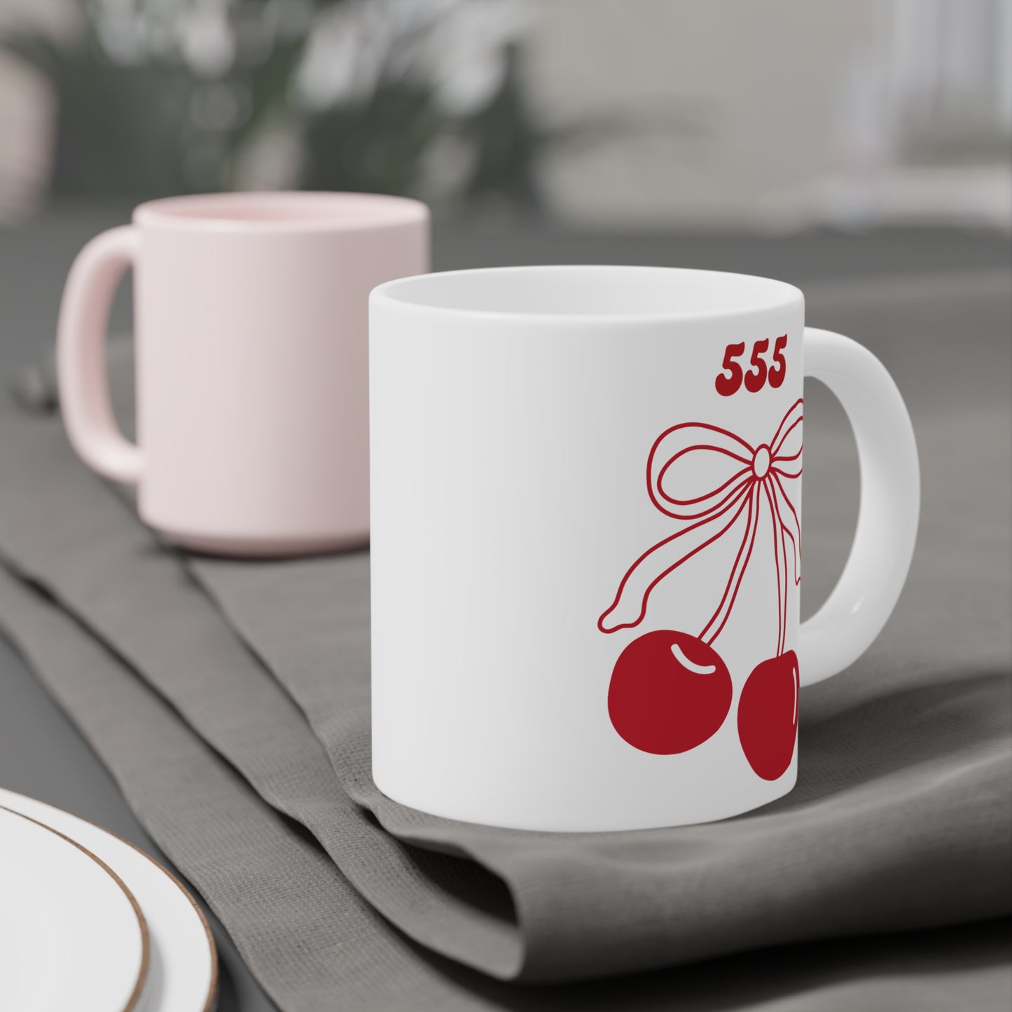 555 Angel Number Cherries Coffee Mug – Coquette Bow Kawaii | 11oz 15oz 20oz White Ceramic