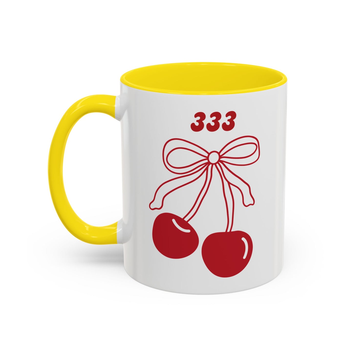 333 Angel Number Cherries Accent Mug – Coquette Bow | Kawaii Coffee Mug | 11oz 15oz — Black, Red, Navy, Pink, Light Blue