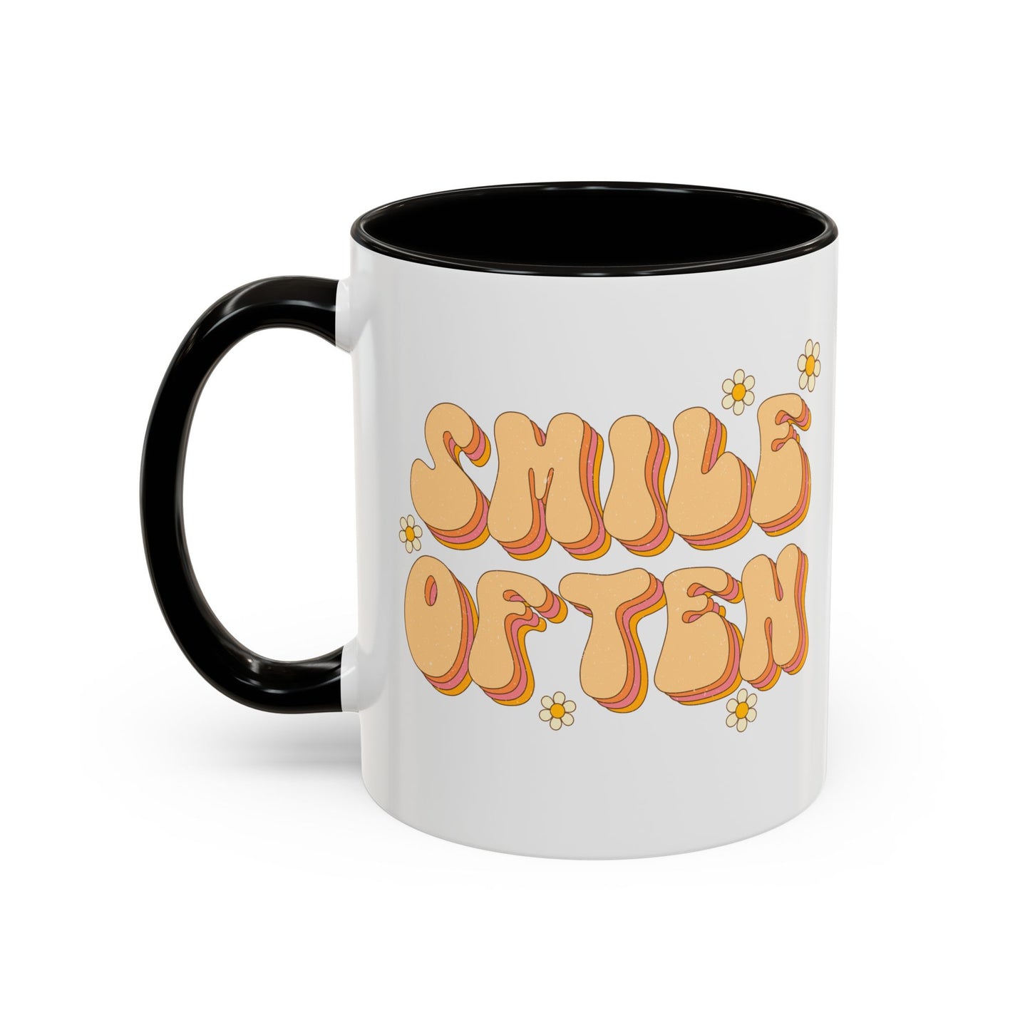 Smile Often Accent Mug – Retro Daisy Letters | 11oz 15oz colored Handle