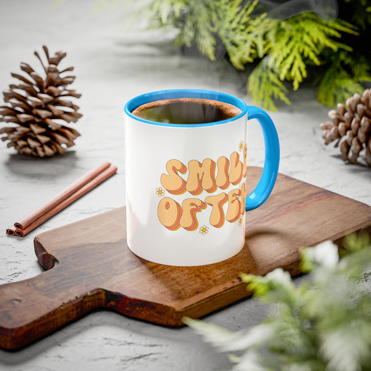 Smile Often Accent Mug – Retro Daisy Letters | 11oz 15oz colored Handle