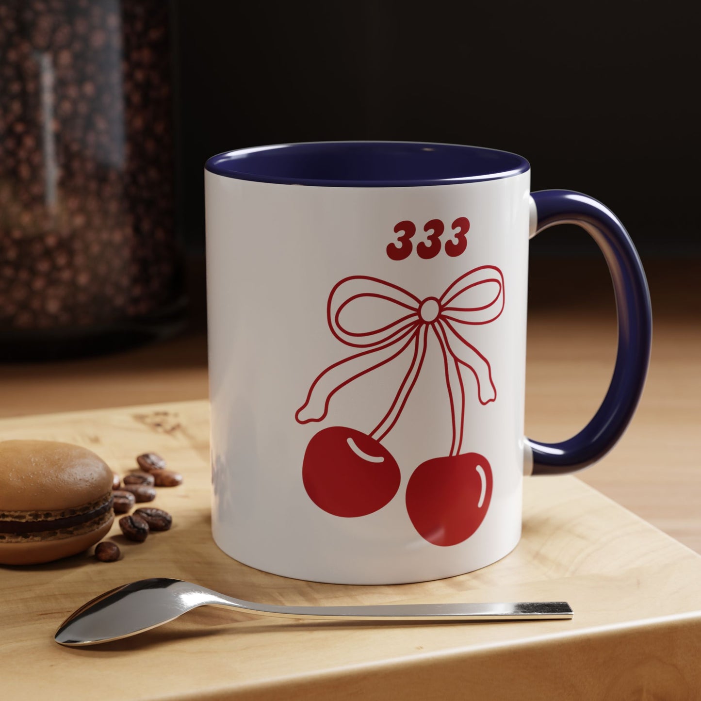 333 Angel Number Cherries Accent Mug – Coquette Bow | Kawaii Coffee Mug | 11oz 15oz — Black, Red, Navy, Pink, Light Blue