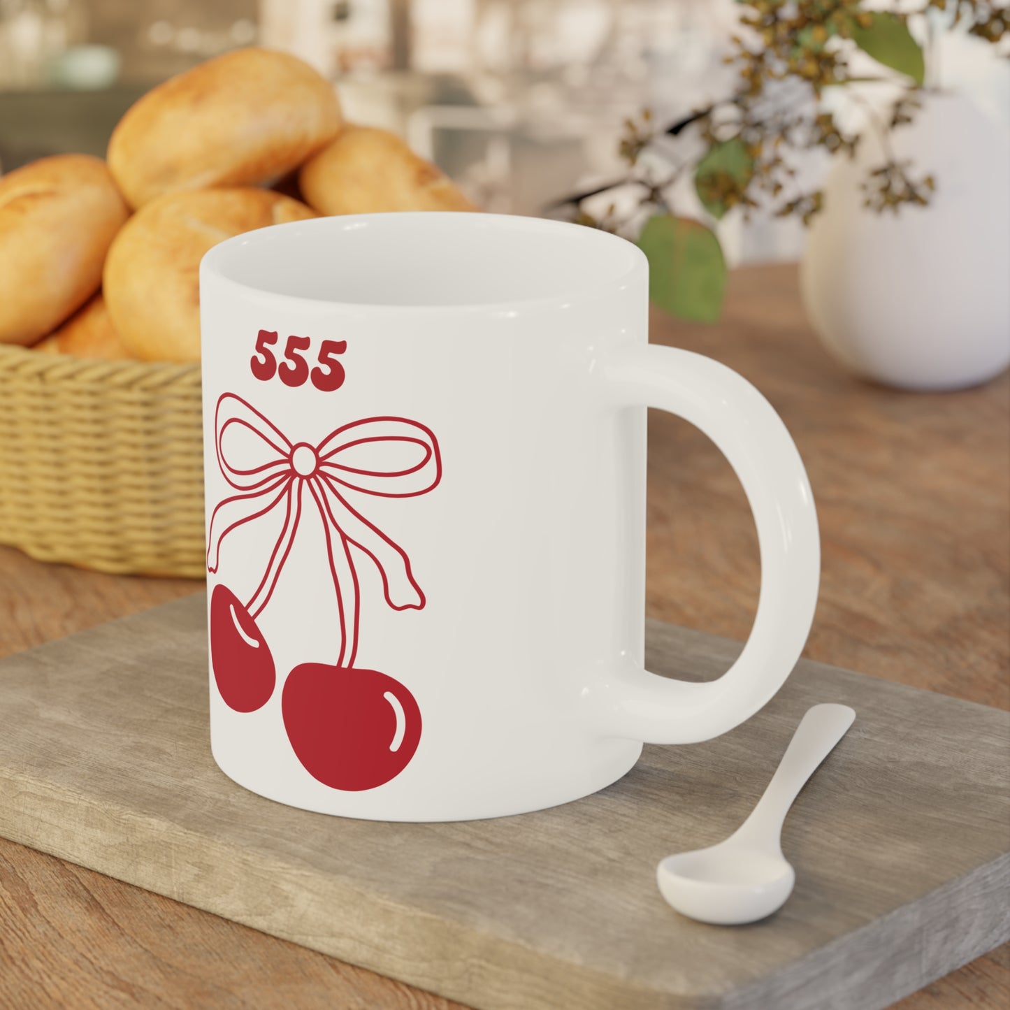 555 Angel Number Cherries Coffee Mug – Coquette Bow Kawaii | 11oz 15oz 20oz White Ceramic