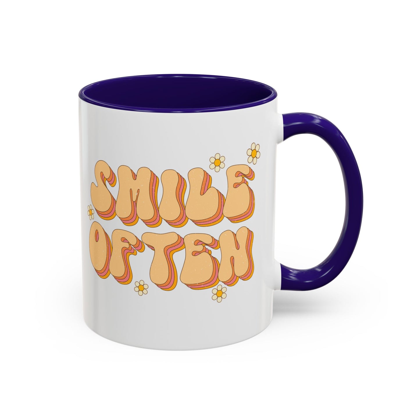 Smile Often Accent Mug – Retro Daisy Letters | 11oz 15oz colored Handle