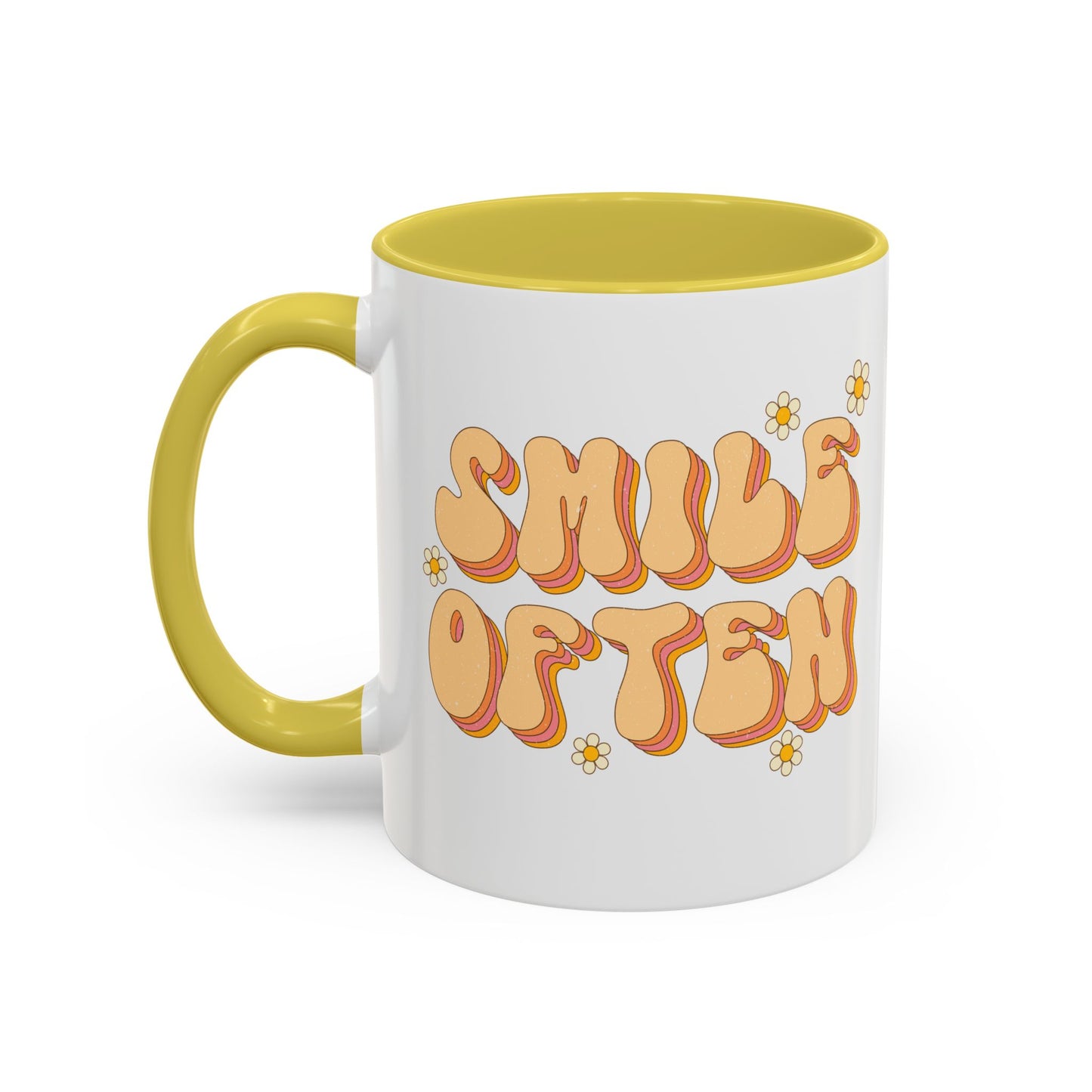 Smile Often Accent Mug – Retro Daisy Letters | 11oz 15oz colored Handle