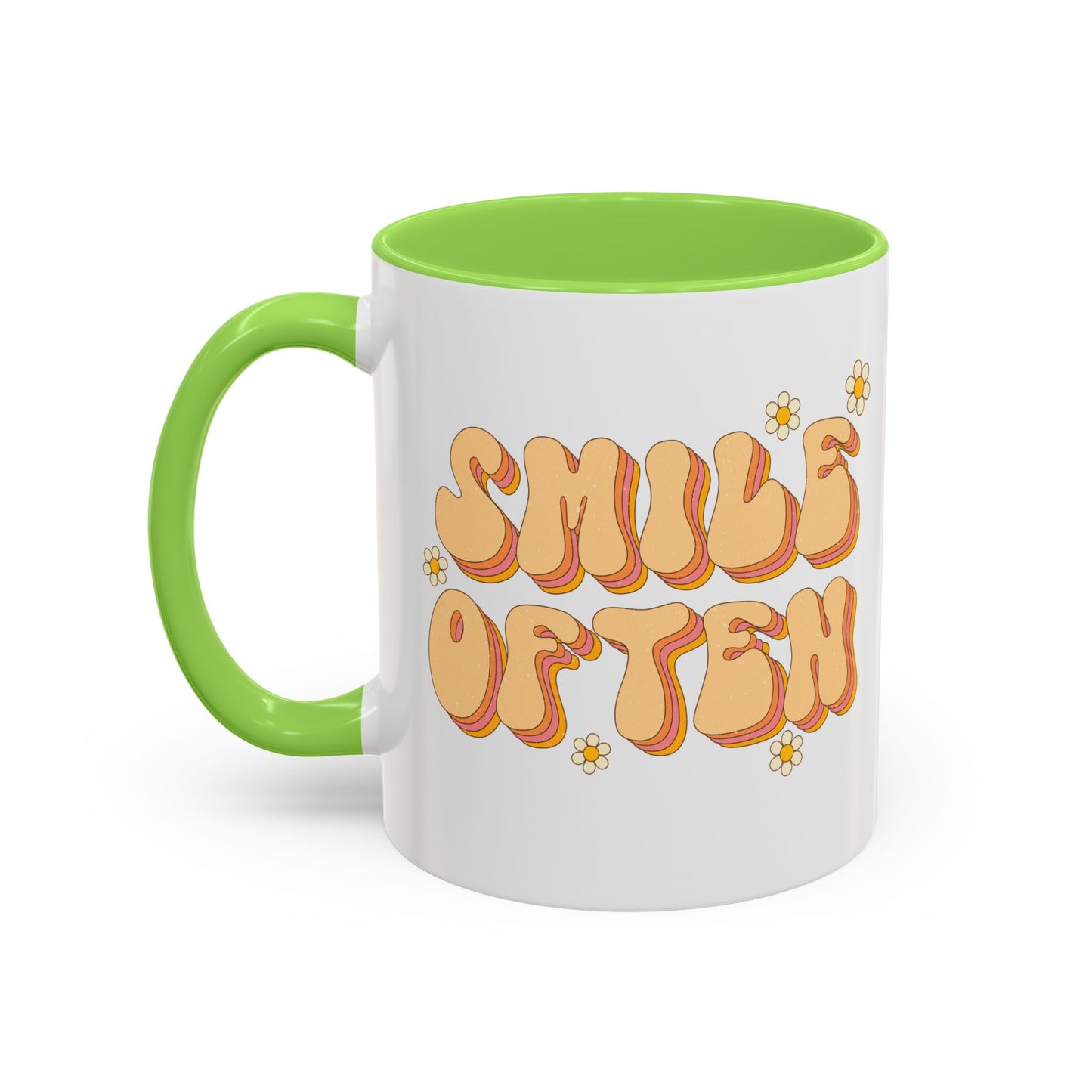 Smile Often Accent Mug – Retro Daisy Letters | 11oz 15oz colored Handle