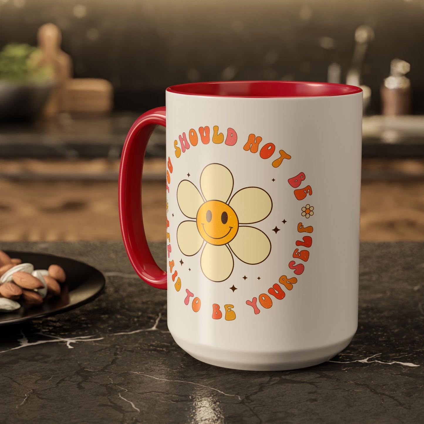 Don’t Be Afraid To Be Yourself Accent Mug – Smiley Flower | 11oz 15oz Colored Handle