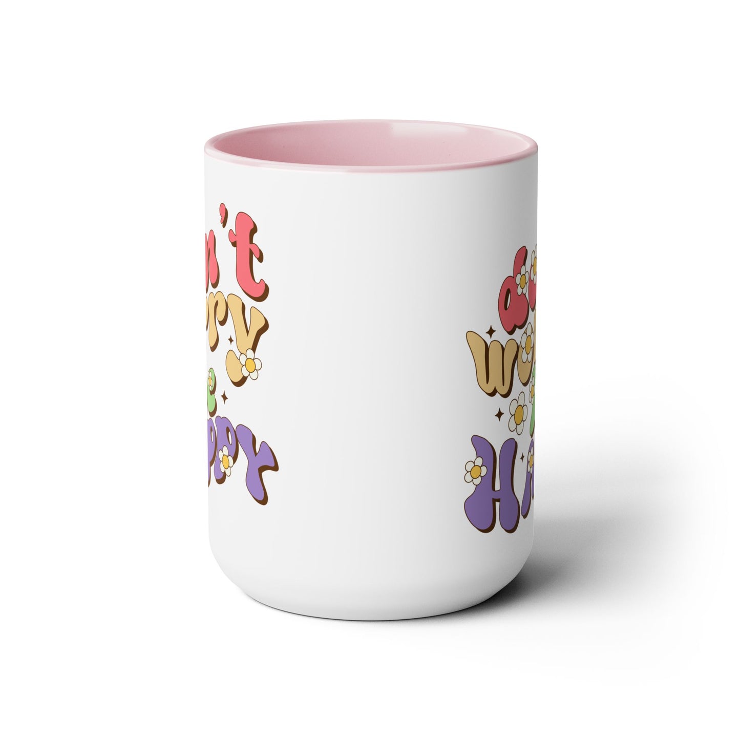 Groovy 70s Don't Worry Be Happy Coffee Mug 15oz - Retro Multicolor Wavy Font - Optimistic Message Cup - Joyful Gift, High Vibe Kitchenware