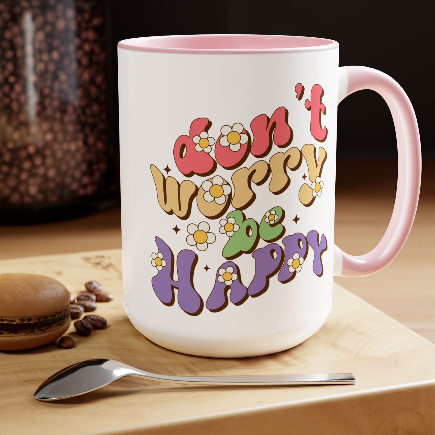 Groovy 70s Don't Worry Be Happy Coffee Mug 15oz - Retro Multicolor Wavy Font - Optimistic Message Cup - Joyful Gift, High Vibe Kitchenware