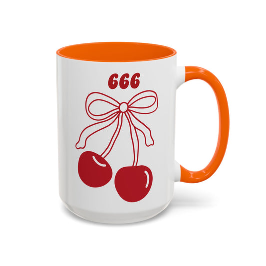 666 Angel Number Cherries Accent Mug – Coquette Bow Kawaii | 11oz 15oz — Pink, Red, Light Blue, Orange, Purple, Yellow