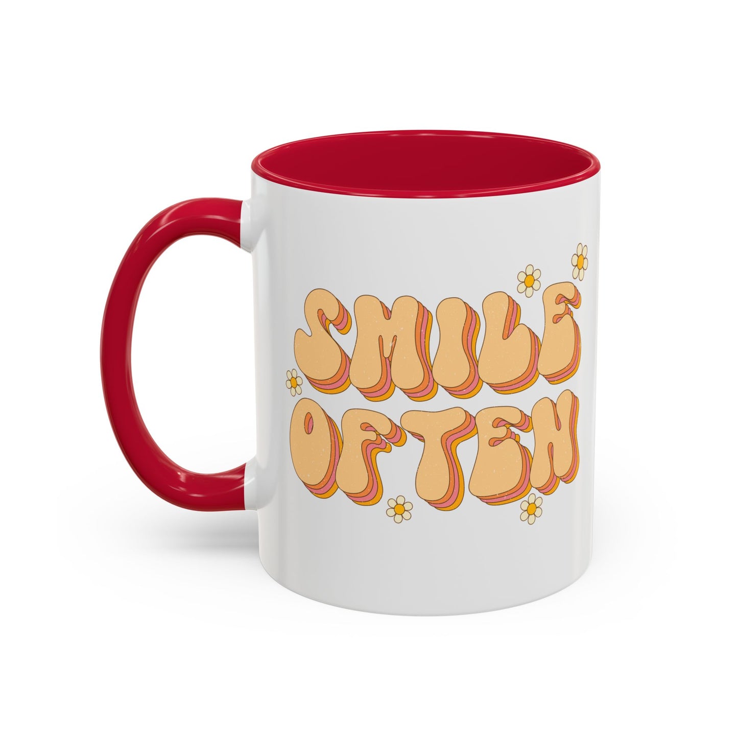 Smile Often Accent Mug – Retro Daisy Letters | 11oz 15oz colored Handle