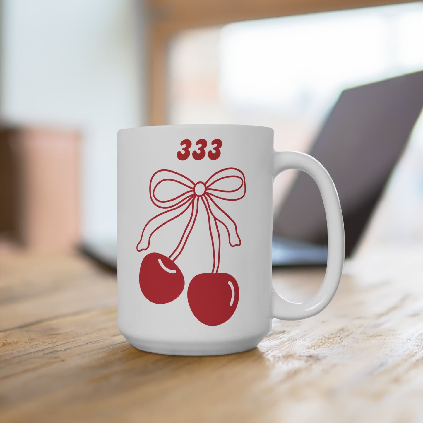 333 Angel Number Cherries Coffee Mug – Coquette Bow Minimal | Kawaii Coffee Mug | 11oz 15oz 20oz White Ceramic
