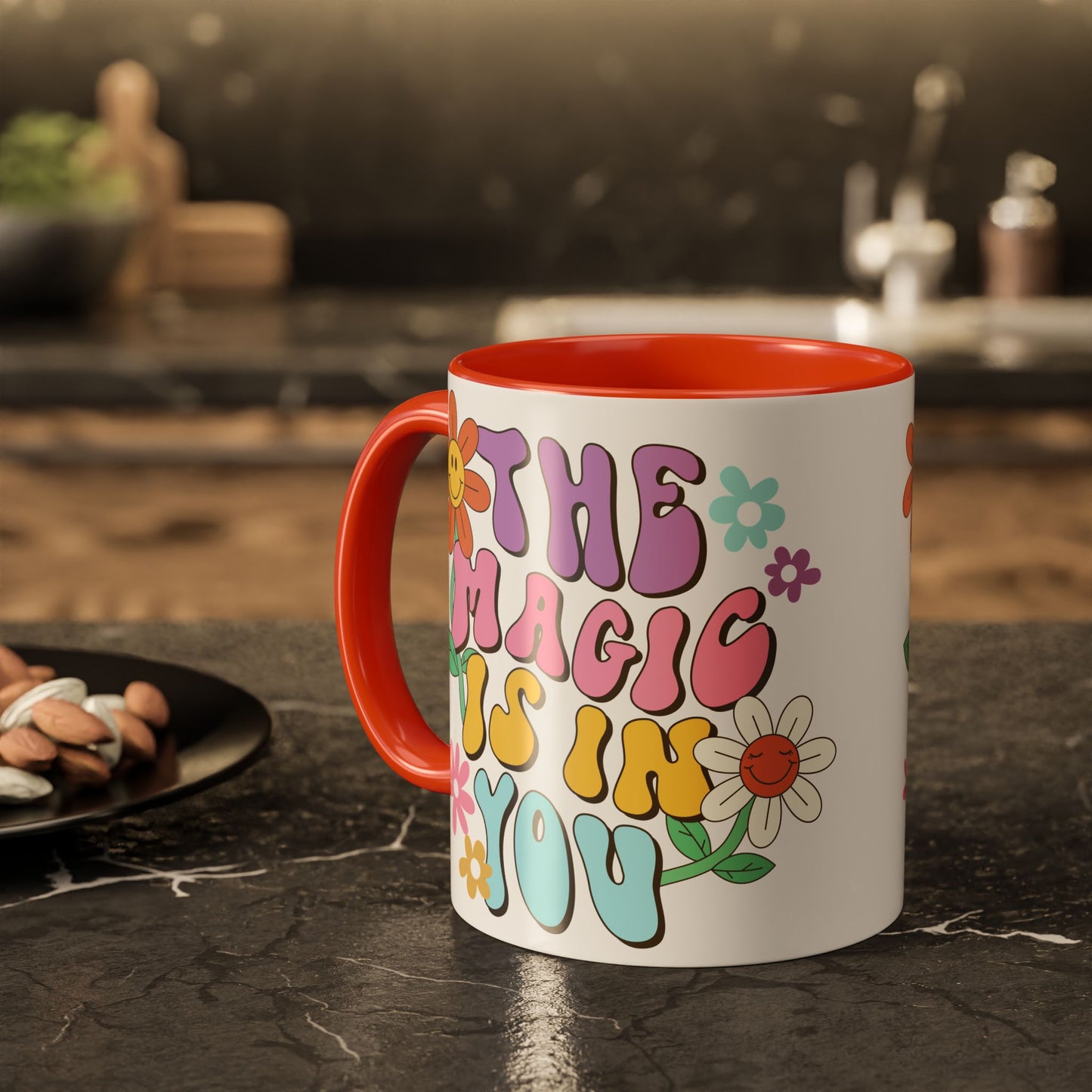 The Magic Is In You Accent Mug – Retro Flower Lettering | 11oz 15oz Colored Handle