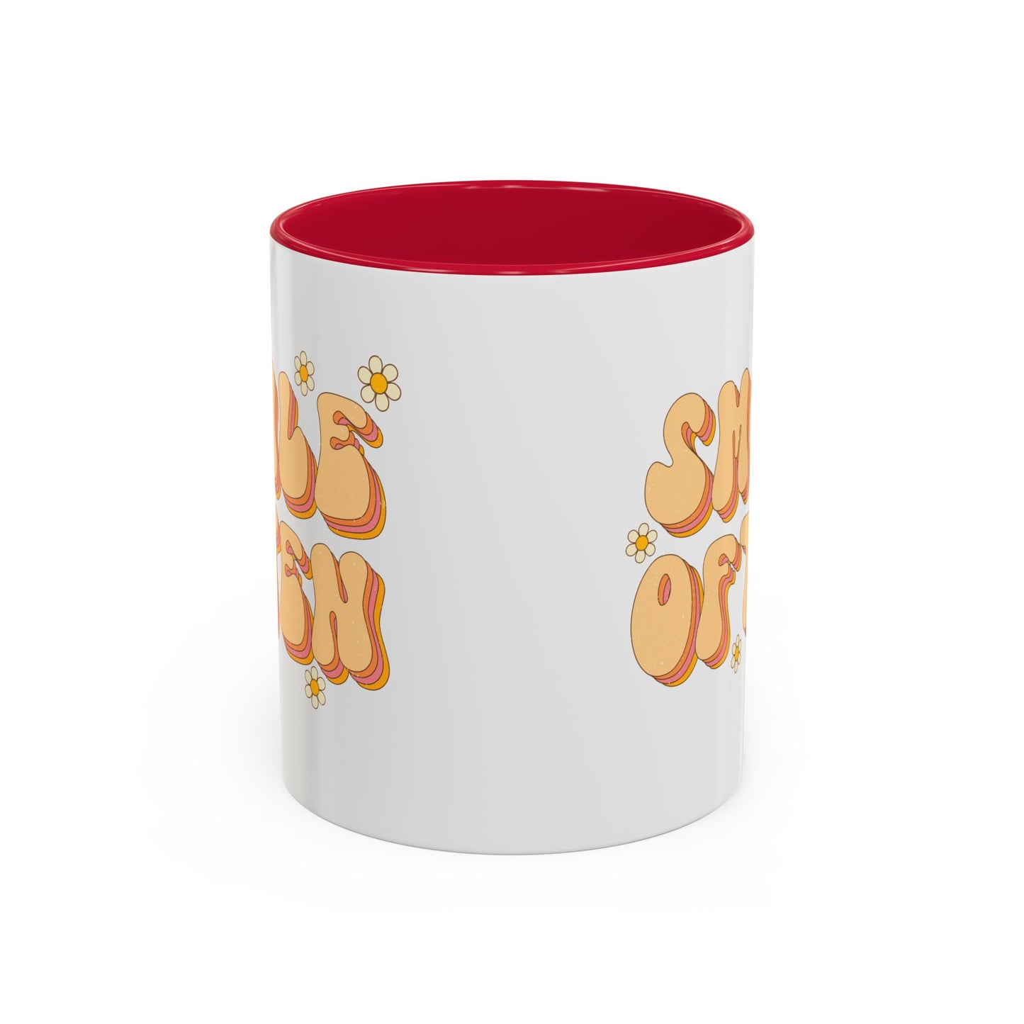 Smile Often Accent Mug – Retro Daisy Letters | 11oz 15oz colored Handle