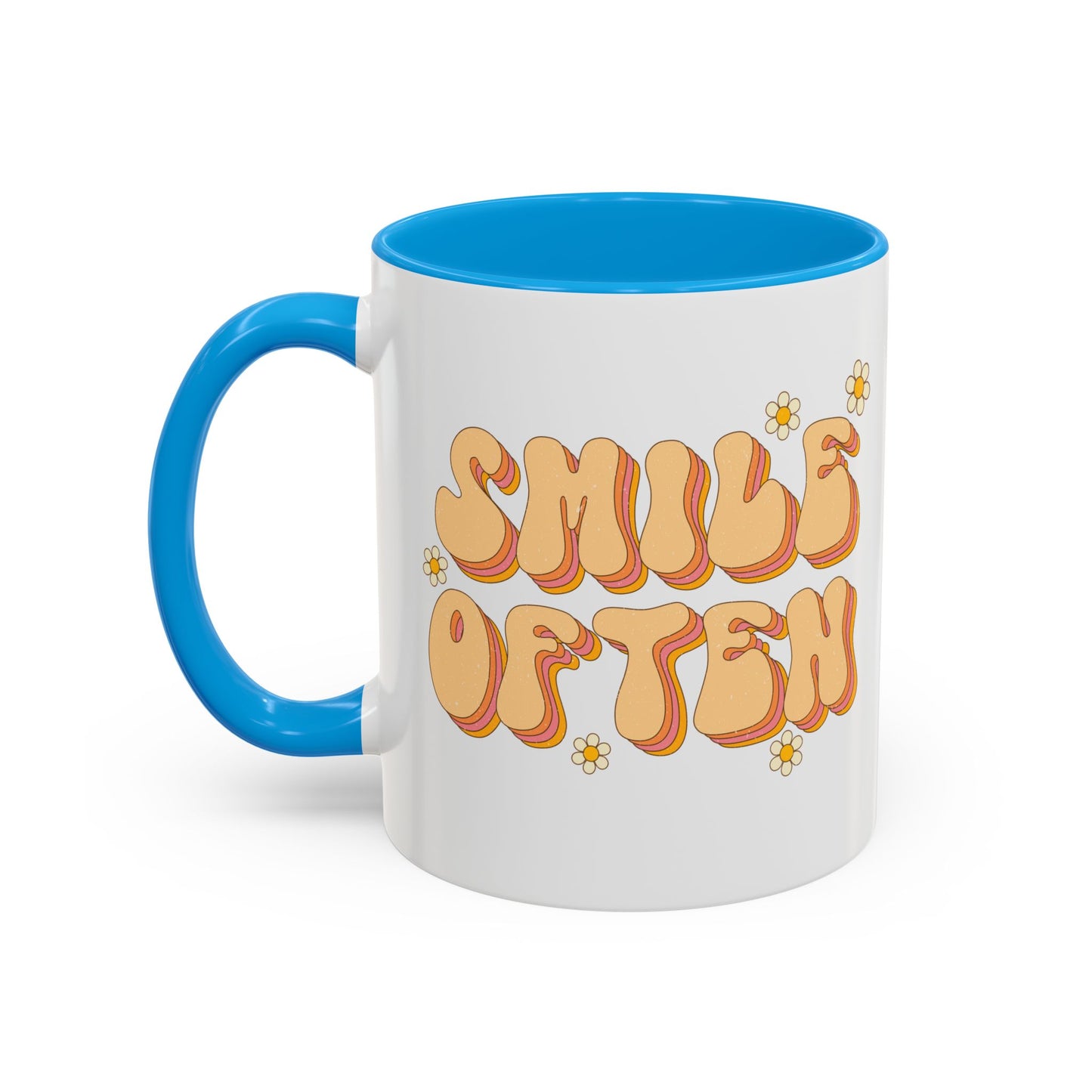 Smile Often Accent Mug – Retro Daisy Letters | 11oz 15oz colored Handle